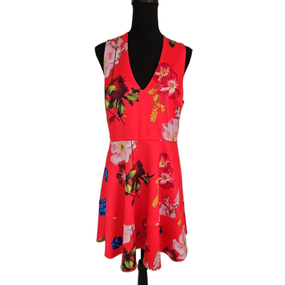 TED BAKER London Red Sleeveless Floral V- Neck Fit & Flare Dress Size 4